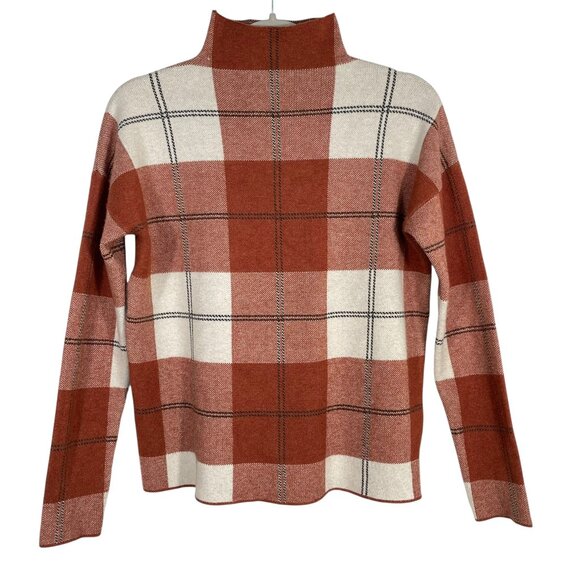 Rachel Zoe Plaid Mock Neck Sweater Rust Ivory Long Sleeve Women’s Medium Twee - Picture 4 of 12